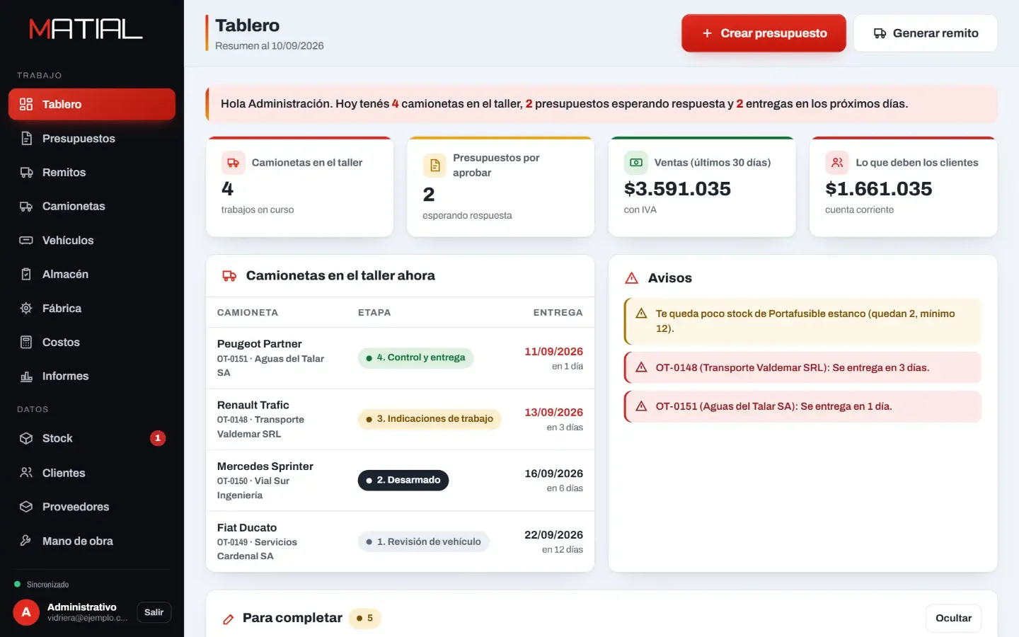 The MATIAL system: the workshop dashboard, a work order and a quote