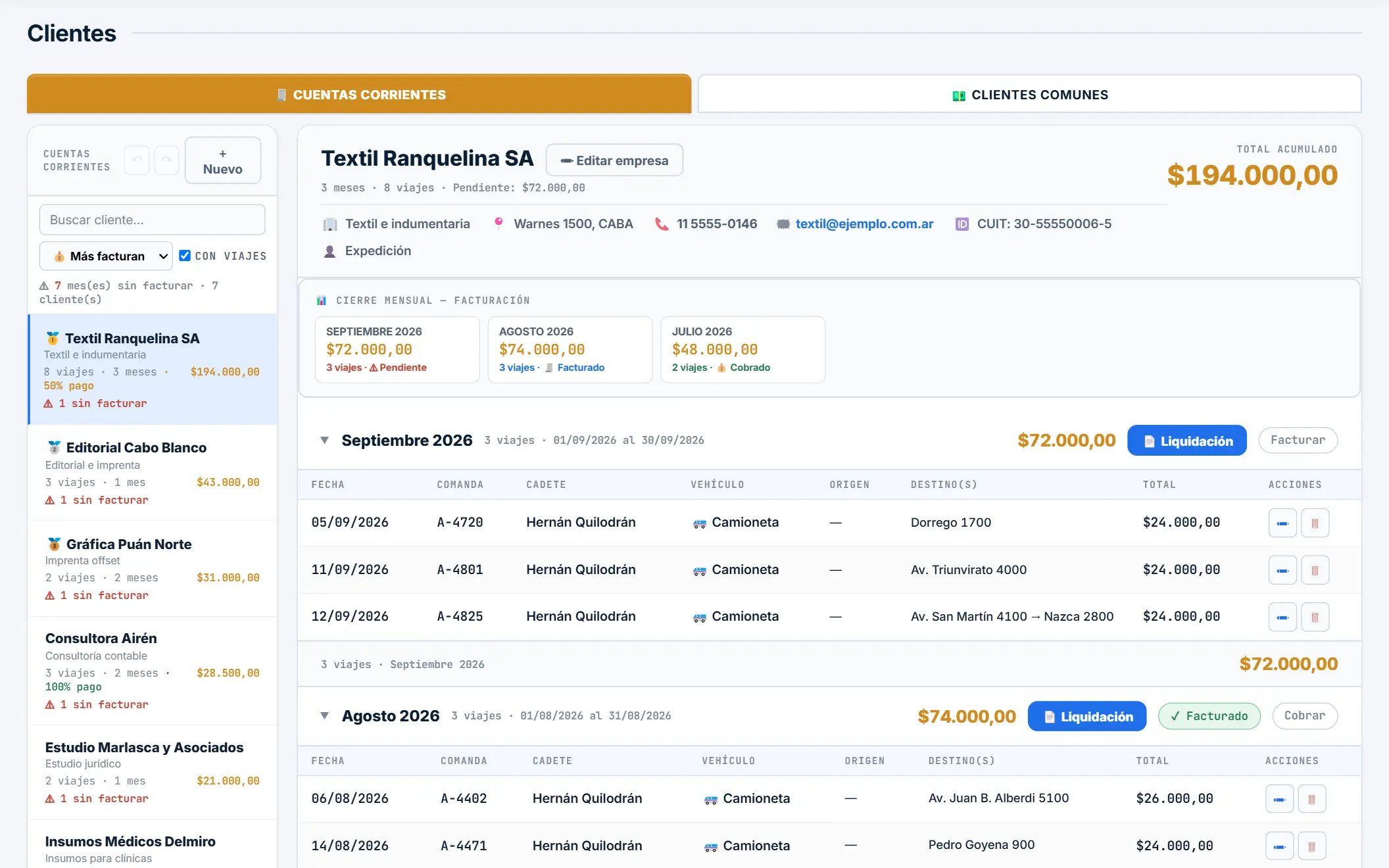 A business client’s account. At the top, how each month closed: collected, invoiced or pending. Below, that month’s deliveries and the button for the statement.
