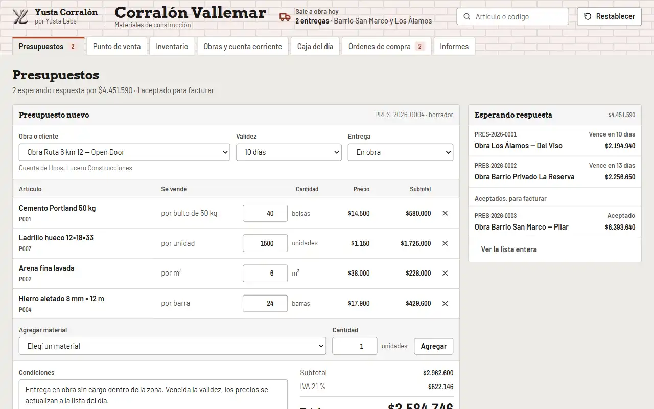 The panel of the building materials yard demo: the day’s sales, pending quotes, accounts receivable and low stock